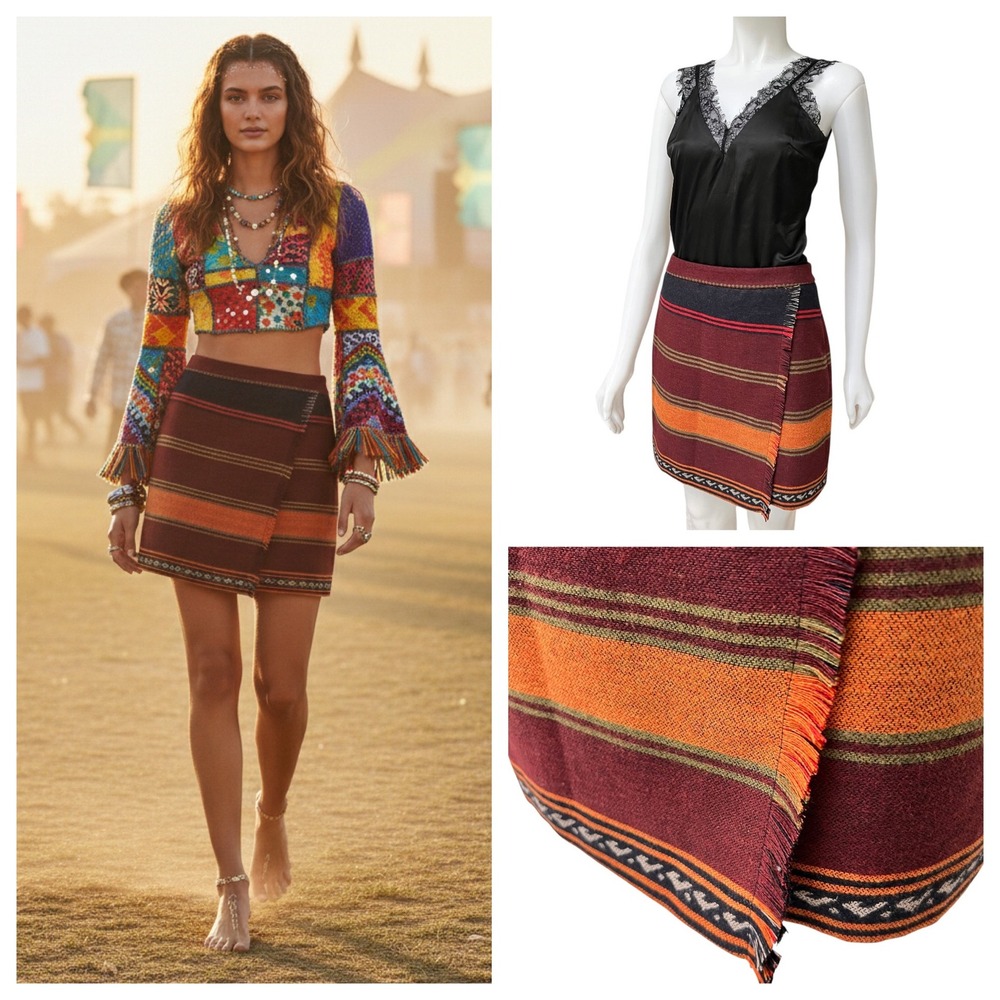 Tribal Tweed Wrap Mini Skirt Boho Fringe Wool Indie Slease Southwestern Size 4